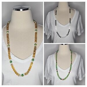 Lot Of 3 Beaded Necklaces Glass Crystal Beads Green Clear Iridescent Layering